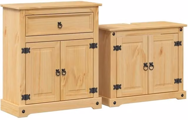 Berkfield Home Corona 2 Piece Rustic Solid Wood Pine Bathroom Furniture Set in Beige