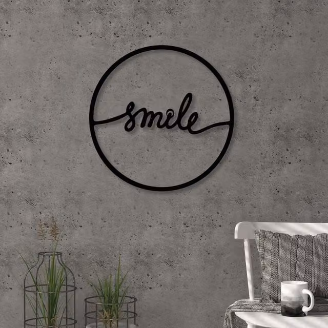 Decortie Smile Minimalist Metal Wall Art, Black Round Hanging Sculpture