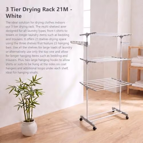 JVL 3 Tier Foldable Drying Rack with Hooks, White Coated Steel – 2