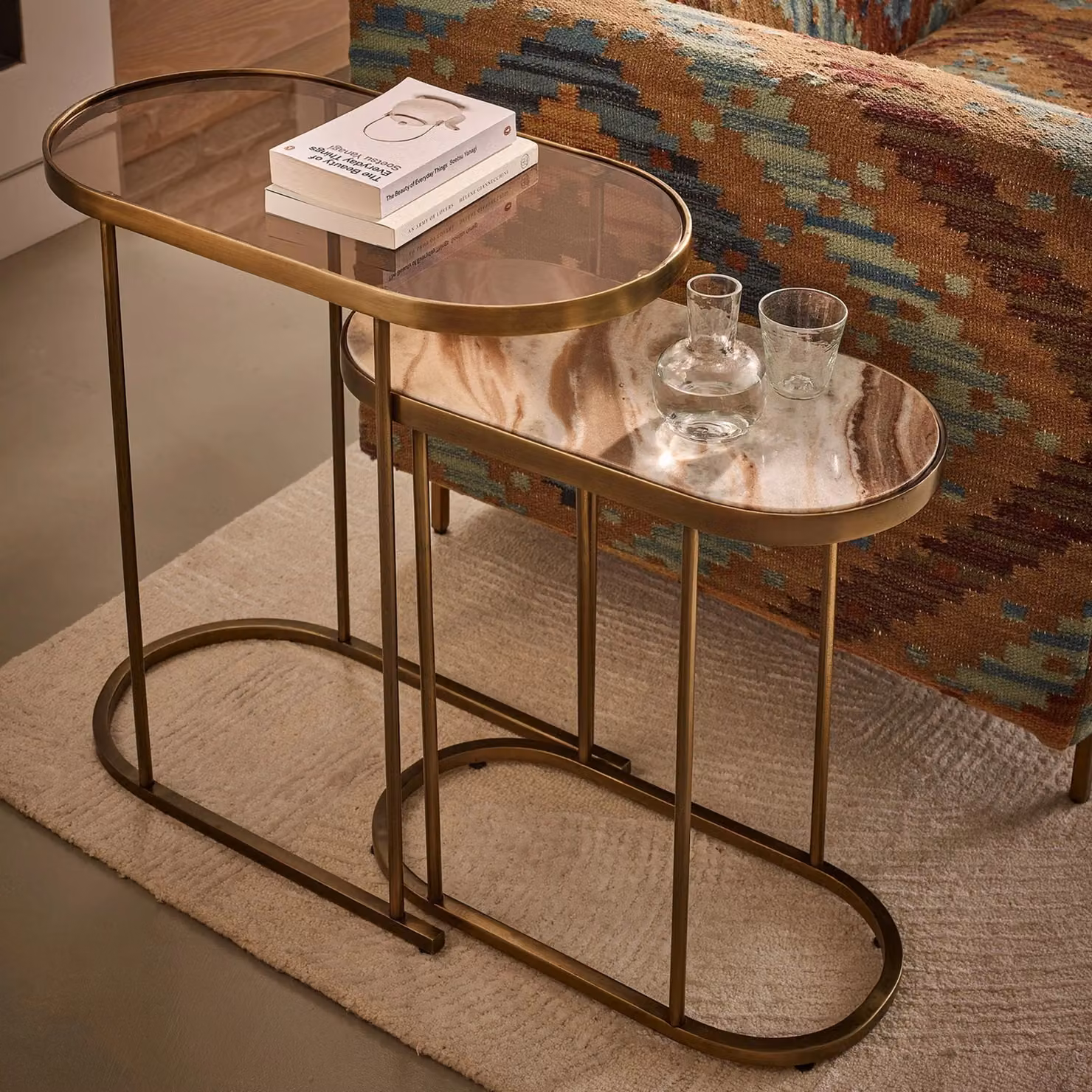 Atkin and Thyme Estrella Nesting Side Tables in Fantasy Brown with Glass and Stone Tops