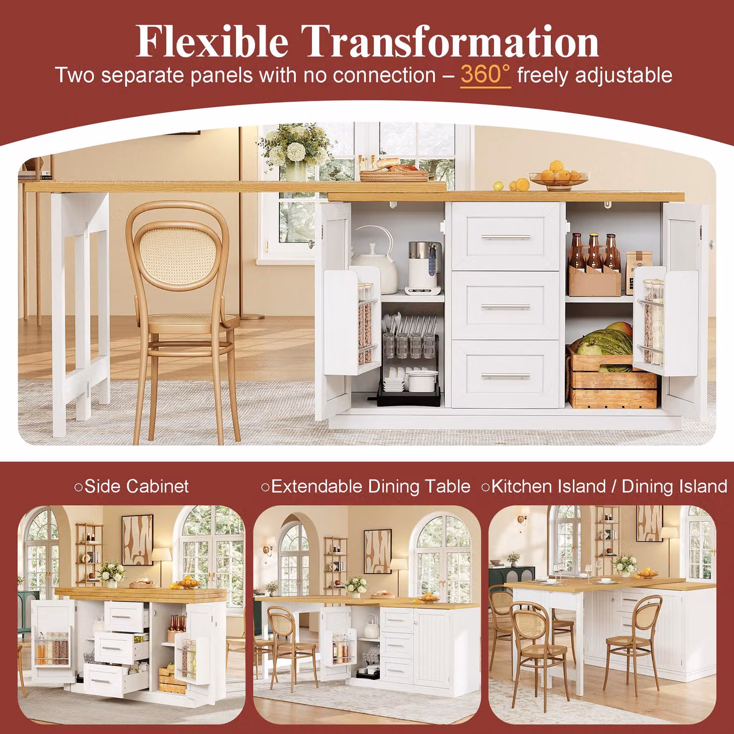 Aosom UK Extendable Sideboard and Dining Table Combo with Storage in White, W: 180 cm, D: 80 cm, H: 75 cm – 3