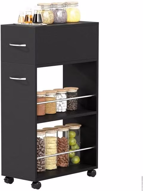 KORVIXA 3-Tier Modern Kitchen and Bathroom Trolley with Drawer in Matt Black