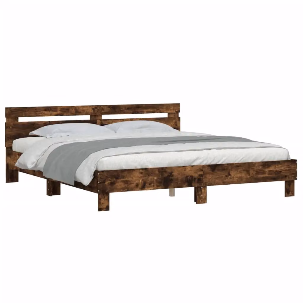 Berkfield Home Super King Bed Frame with LED Under-Bed Lighting and USB Charging Port in Smoked Oak Brown, W/D/H: 180 x 200 cm – 3