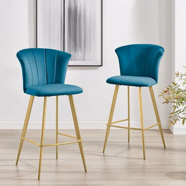 FurnitureboxUK Set of 2 Juniper Blue Velvet Breakfast Bar Stools with Gold Legs