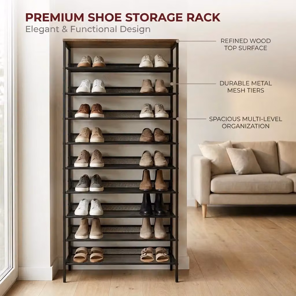 Storvo 10 Tier Tall Hallway Shoe Rack with Adjustable Shelves in Brown and Black – 3