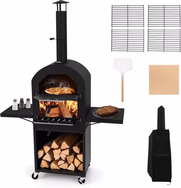 Costway Outdoor Wood Fired Pizza Oven with Thermometer in Black
