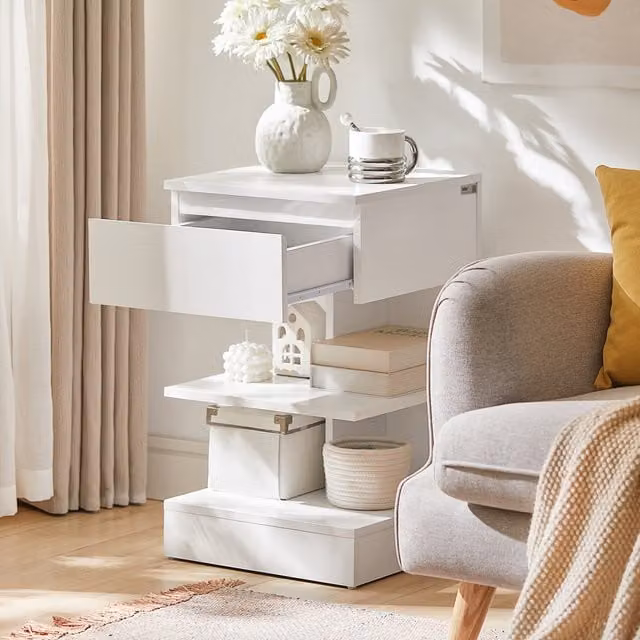 SoBuy Set of 2 E-Shaped Bedside Tables with 1 Drawer and 2 Shelves in White