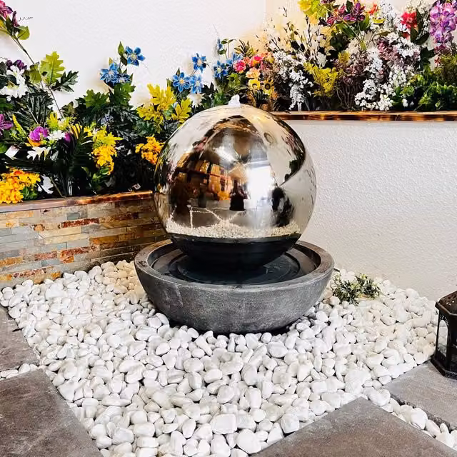 Tranquility Modern Stainless Steel Sphere Water Feature with Resin Base in Grey and Silver