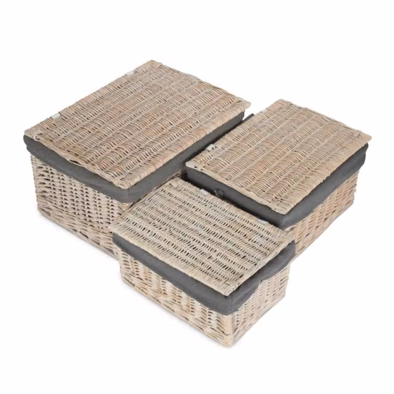 Red Hamper Set of 3 Grey Wicker Storage Baskets with White Wash Steamed Cotton Lining