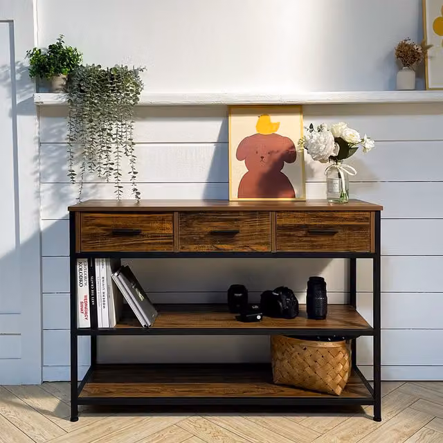 Livingandhome Vintage Rectangular Wood and Metal Console Table in Brown