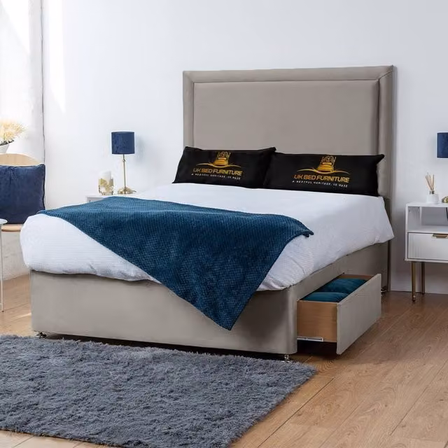 UK Bed Furniture Ascot Divan Bed with 4 Drawers and 26 Inch Headboard in Light Beige, Size: 200 x 200 cm