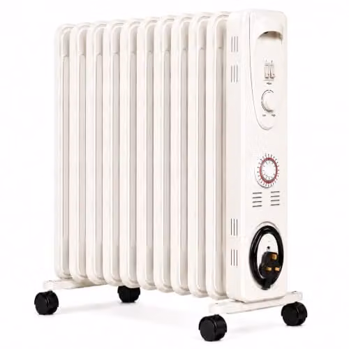 MYLEK 2500W Oil Filled Electric Radiator in White with Thermostat and Timer, W/H: 46 x 63 cm