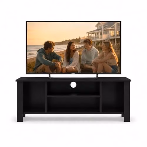 Bimossa Modern Black Wooden TV Stand with Open Storage Shelves, W: 114 cm, D: 30 cm, H: 45 cm