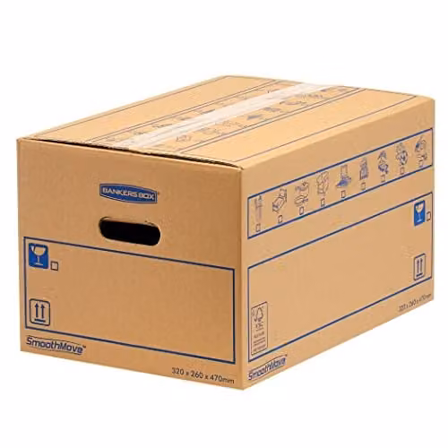 Bankers Box Large 39L SmoothMove Heavy Duty Cardboard Storage and Moving Boxes with Handles, Brown, Pack of 15, W: 47 cm, D: 32 cm, H: 26 cm