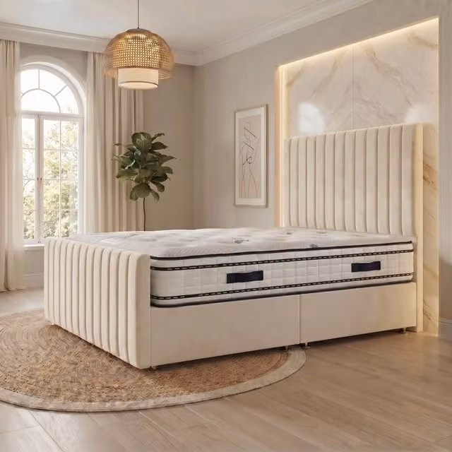 Somnior Eleanor Velvet Divan Bed with Hybrid Mattress and Headboard, Ivory, W/D/H: 180 x 200 x 25 cm