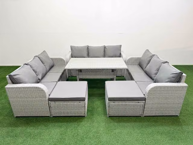 Fimous 11 Seater PE Rattan Outdoor Garden Furniture Set in Light Grey with Rectangular Dining Table, 3 Seater Sofa and 2 Large Footstools