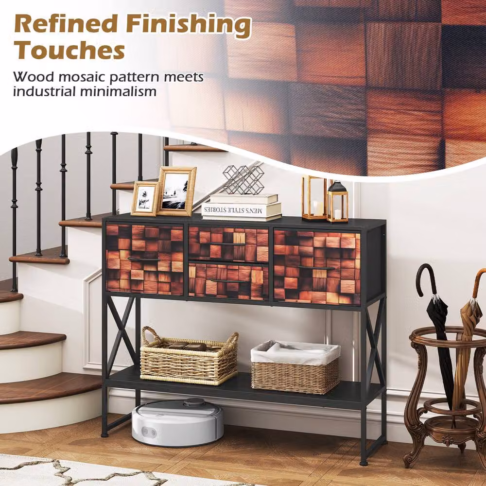 Costway Modern Geometric Console Table with 4 Fabric Drawers and Shelf in Black and Multicolour – 7