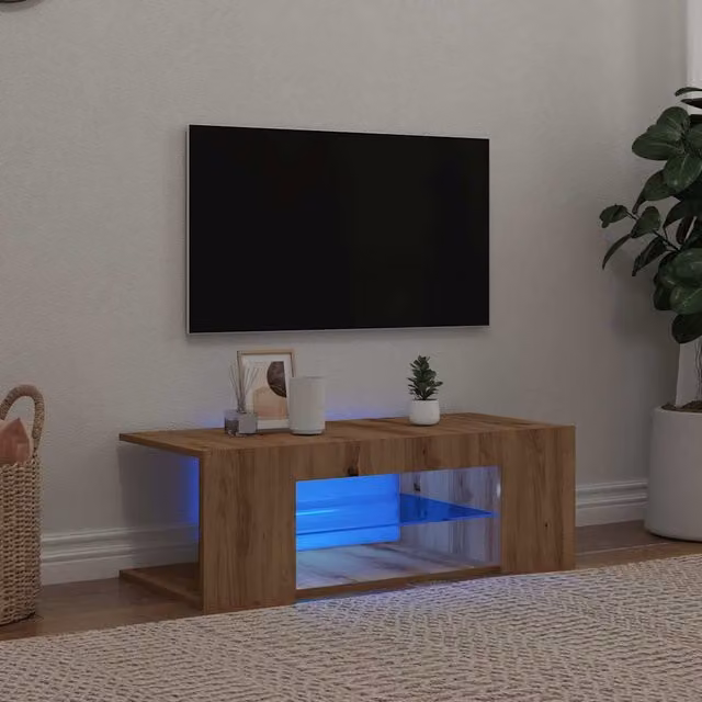 Berkfield Home Artisan Oak TV Cabinet with LED Lights in Brown, W/D/H: 90 x 39 x 30 cm