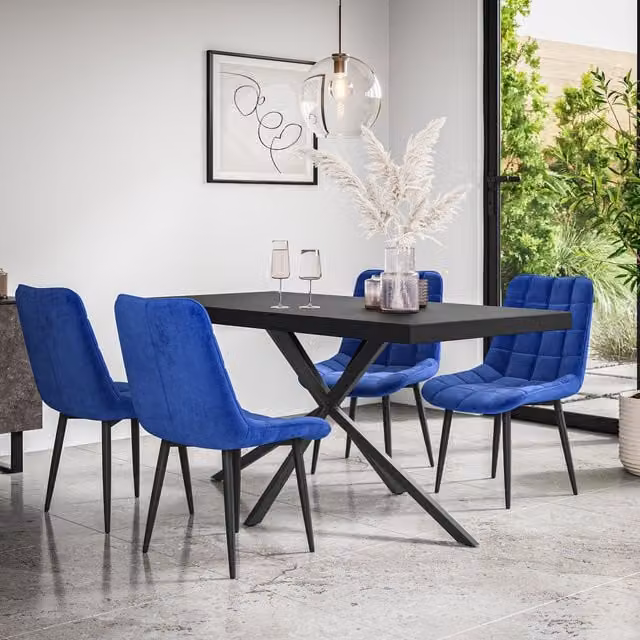 More4Homes Donni Dining Table and 6 Nova Blue Velvet Dining Chairs Set, Black Table Top with Black Legs, W/D/H: 160 x 80 x 76 cm – 1
