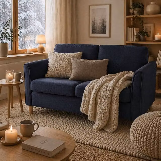 Wyld Haus Dilita 2 Seater Compact Sofa in Blue with Solid Wood Frame and Removable Fabric Covers, W: 141 cm, H: 78 cm, D: 82 cm