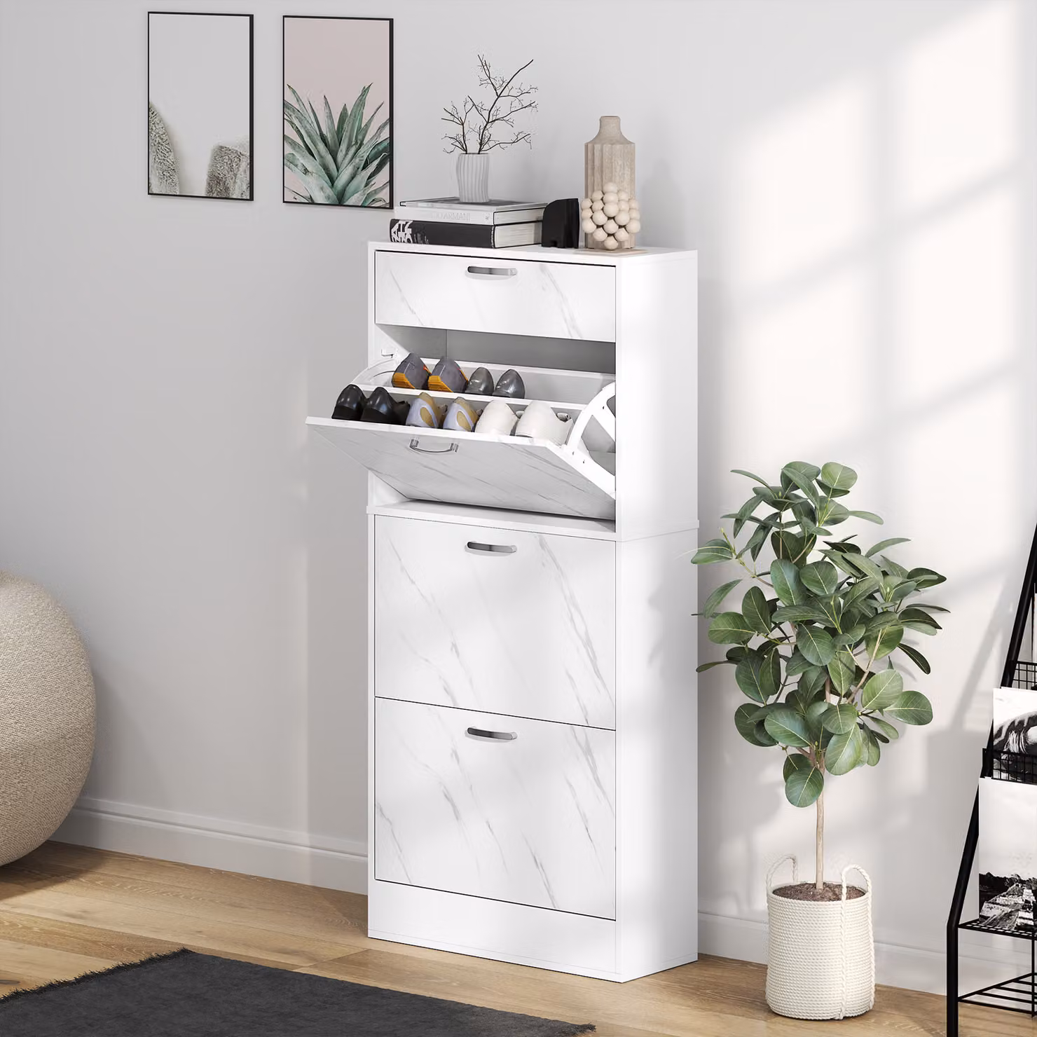 HOMCOM White Marble Shoe Storage Cabinet with 3 Tilting Drawers and Internal Shelves for 18 Pairs – 2