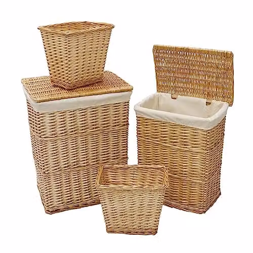 JVL Set of 2 Hand Woven Acacia Rectangular Laundry Baskets and 2 Waste Paper Baskets with Lids and Removable Bags, Honey Finish, Brown – 1