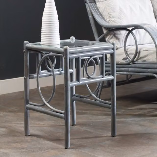 Madrid Cane Square Side Table in Grey with Glass and Rattan Top