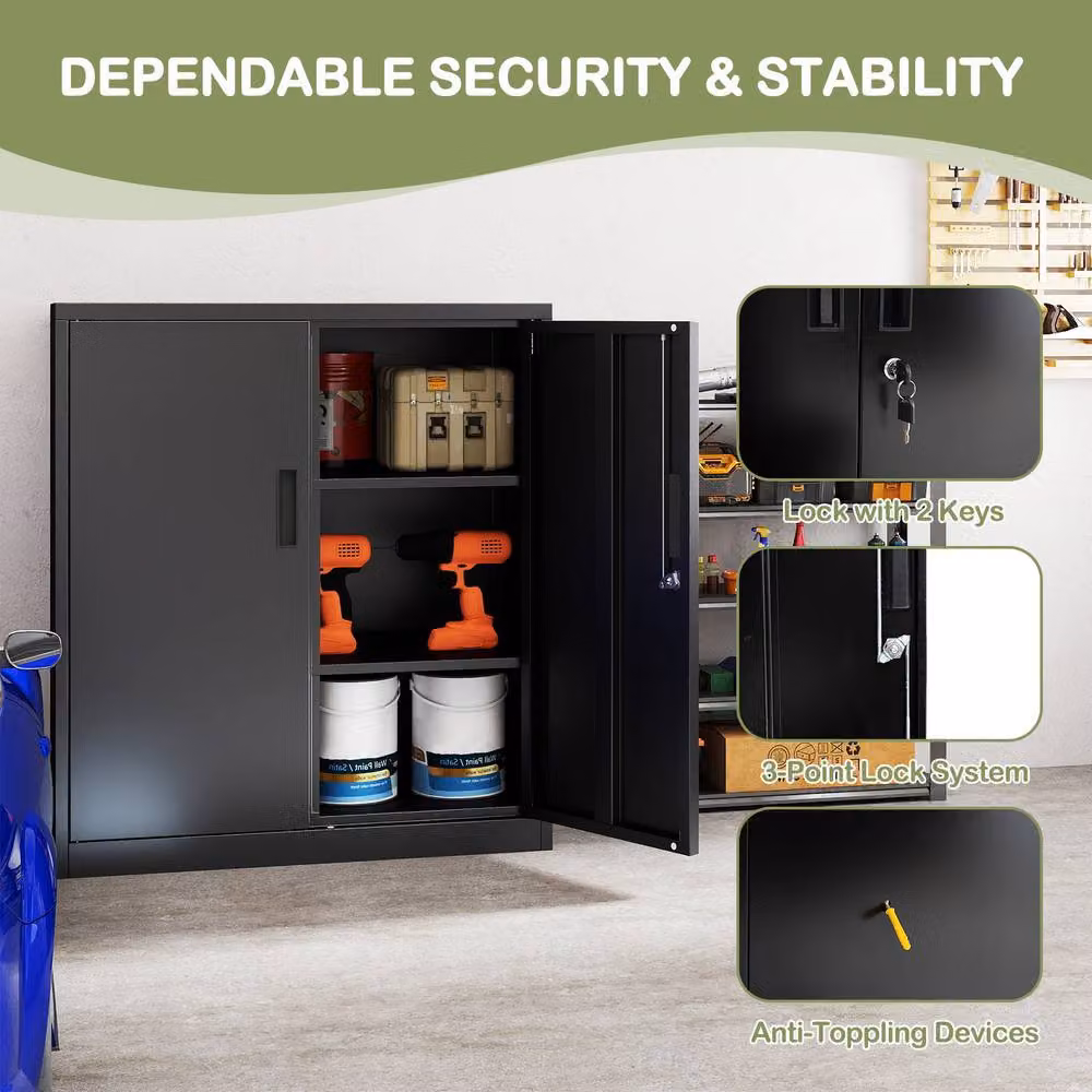 Gymax Lockable 2-Door Steel Tool Cabinet and Pantry in Black, W/D/H: 80 x 80 x 91 cm – 3