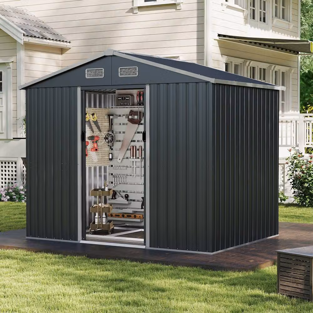Gymax Large Outdoor Storage Shed and Utility Tool House with Sloping Top, Grey, W/D/H: 226 x 162 x 196 cm – 3