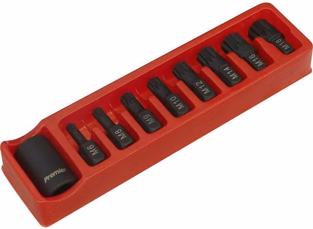 Loops 9 Piece Impact Spline Socket Bit Set with Bit Holder, 1/2 inch Square Drive, Black and Multicolour Chrome Molybdenum Steel