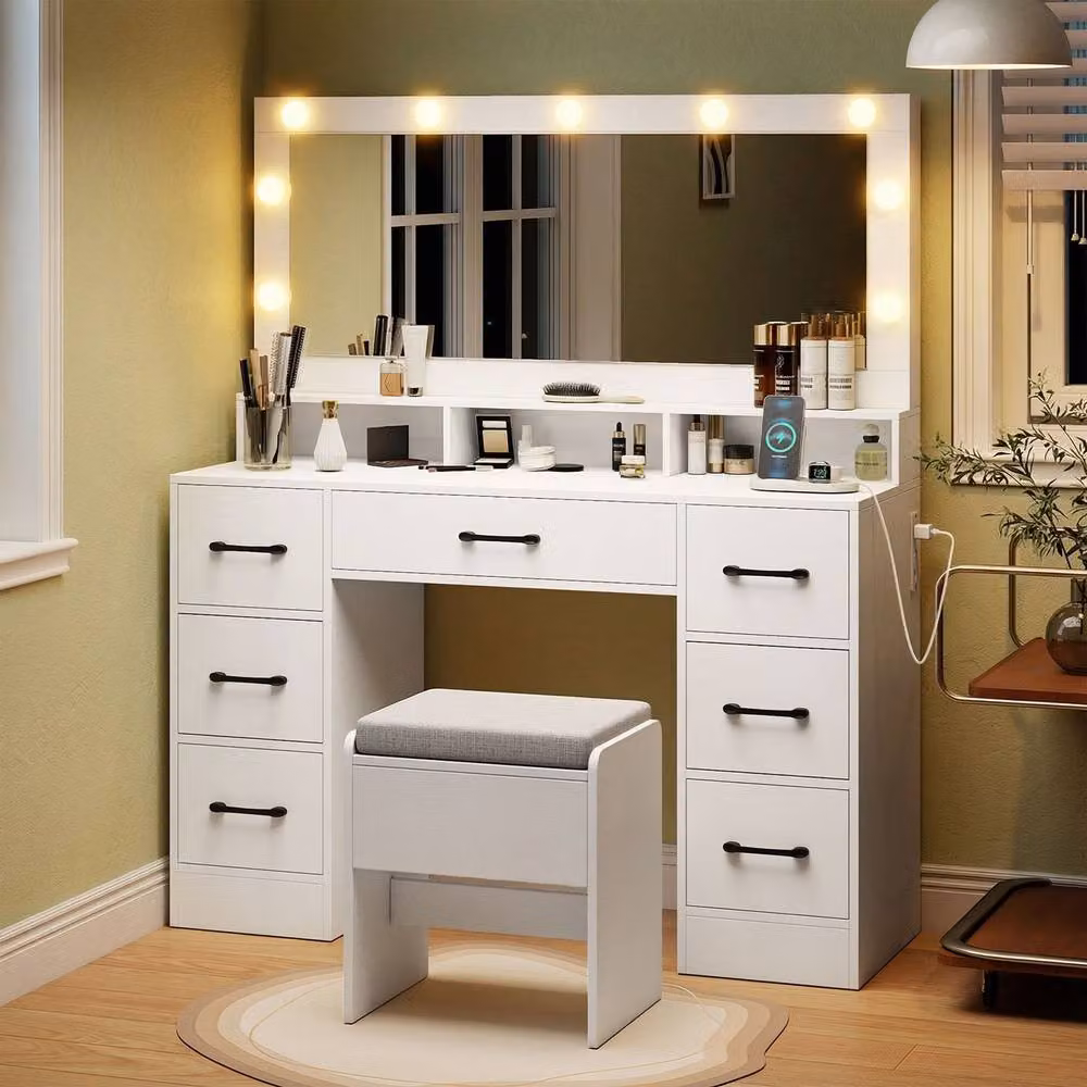 Costway Modern White Vanity Desk with Hollywood LED Mirror and 7 Drawers – 4