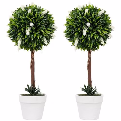 HOMCOM Set of 2 Artificial Floral Ball Trees in White and Green, Height: 60 cm – 1