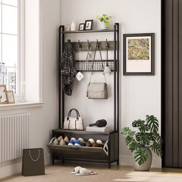 HOMCOM 5-in-1 Industrial Hall Tree with Shoe Storage Bench and 10 Hooks, Grey