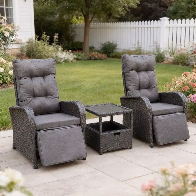 FURNITURE ONE 3 Piece Grey Patio Lounge Chair Set with Ice Bucket and Outdoor Coffee Table – 1