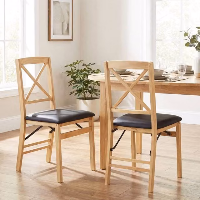 Costway Set of 2 Black Folding Dining Chairs with Padded Synthetic Leather Seats and Rubberwood Legs – 1
