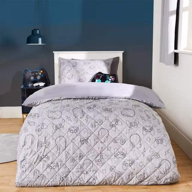 OHS Gaming Graphic Print Duvet Cover Set in Grey and Black