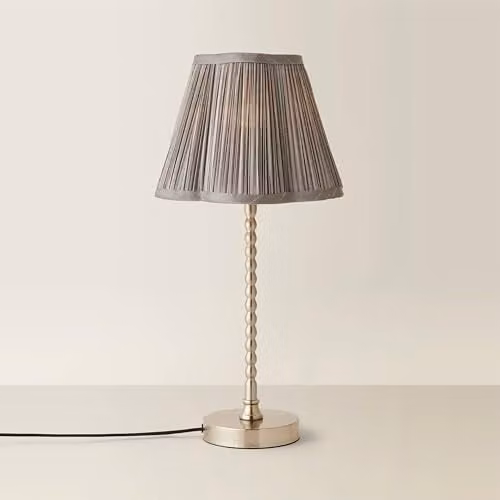 ValueLights Maeve Bobbin Table Lamp with Dark Grey Pleated Faux Silk Scallop Shade and Brushed Chrome Finish