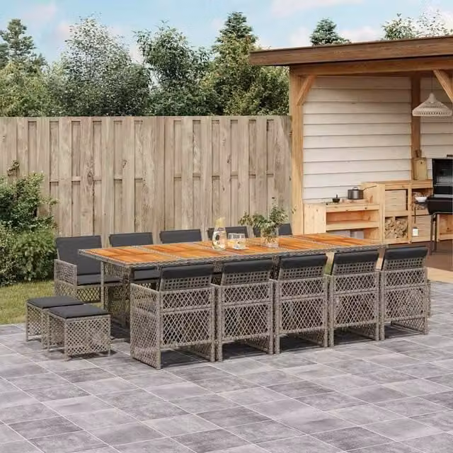 Berkfield Home 15 Piece Grey Poly Rattan and Acacia Wood Garden Dining Set with Cushions