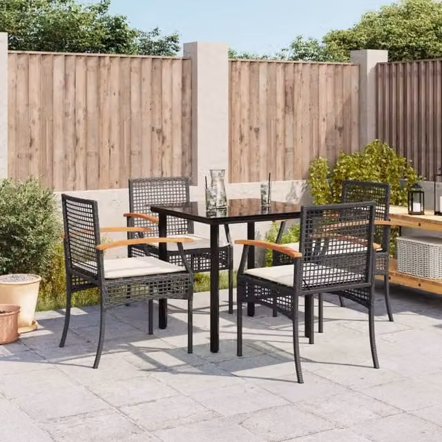 Berkfield Home 5 Piece Garden Dining Set with Cushions in Black Poly Rattan and Glass Top