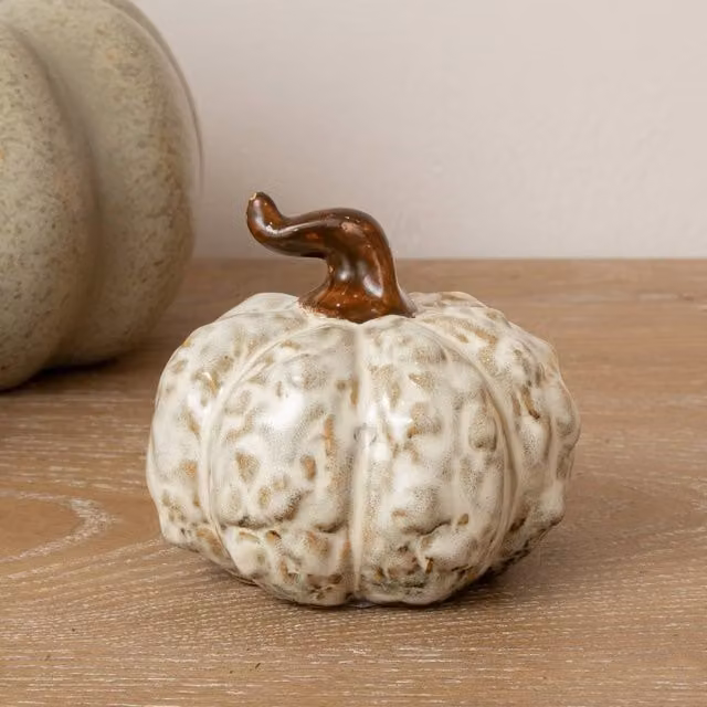 Melody Maison Small Cream and Brown Glazed Wonky Pumpkin Ceramic Ornament, Height: 9 cm