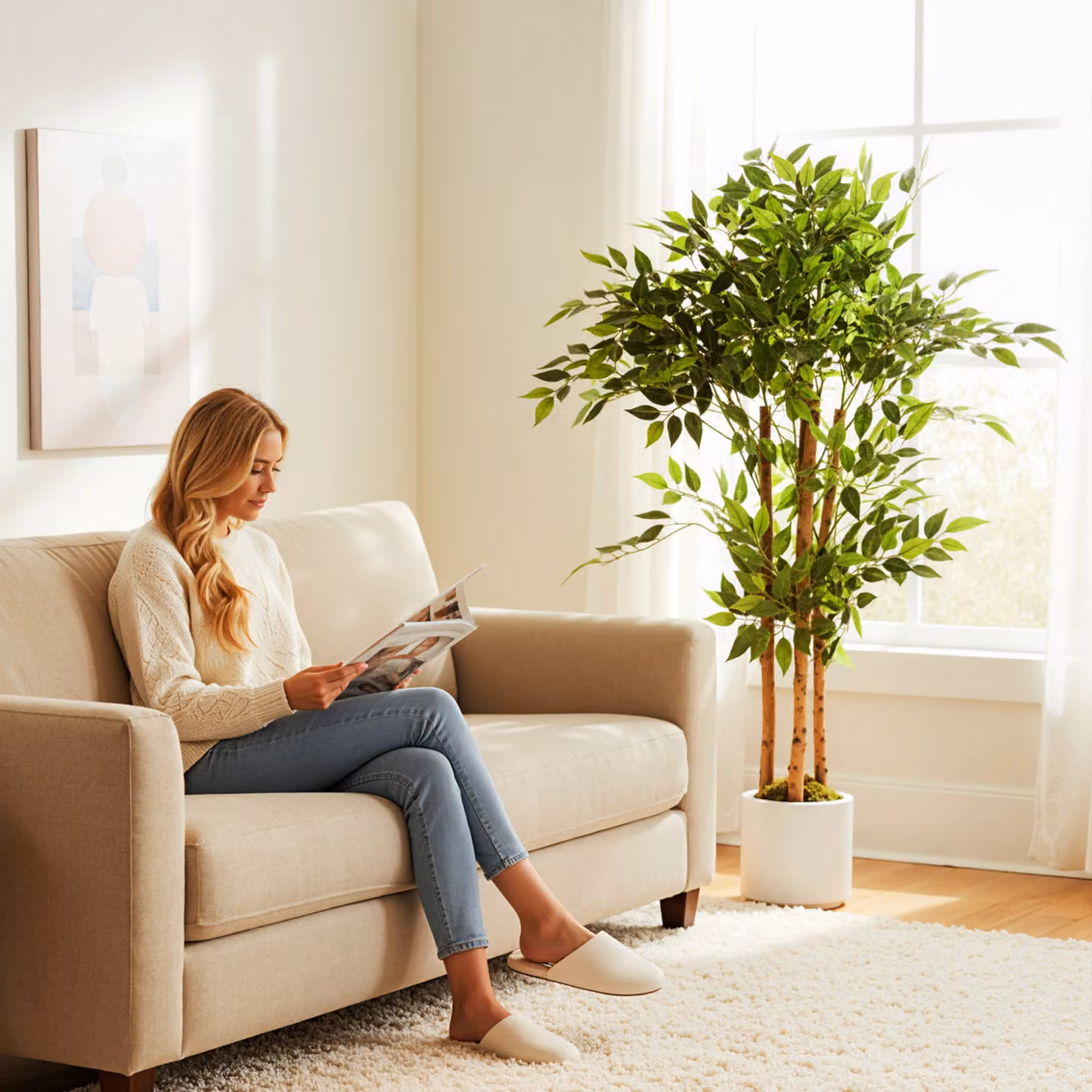 HOMCOM 120cm Artificial Ficus Tree in Green and White with Wood and Plastic Trunk and Pot – 7