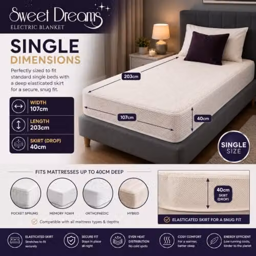 Sweet Dreams Single Size White Fleece Electric Heated Mattress Cover with Digital Control and Overheat Protection, W/D/H: 90 x 200 cm – 2