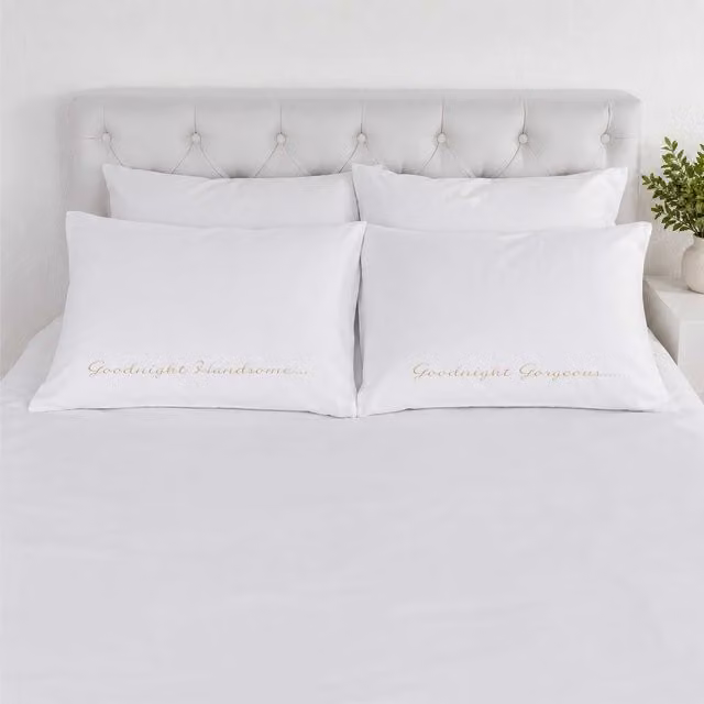 60 Second Makeover Goodnight Handsome Goodnight Gorgeous White and Gold Cotton Pillowcases