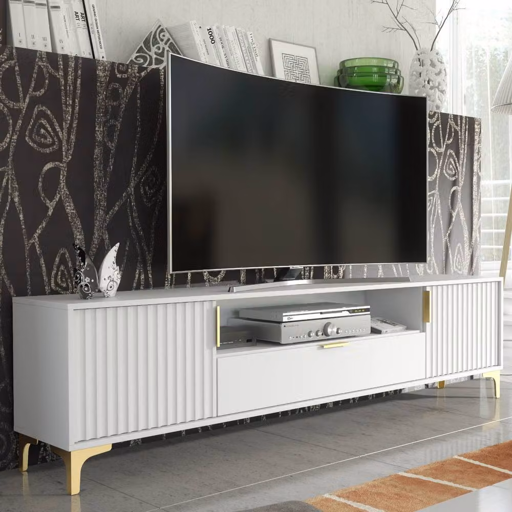 Mex Furniture LTD Tide Crest Modern TV Unit in White and Gold, W: 200 cm, D: 35 cm, H: 50 cm – 6
