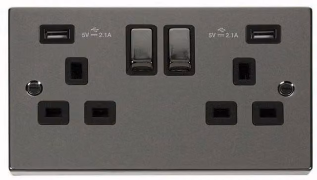 SE HOME Black Nickel 2 Gang 13A DP Ingot 2 USB Twin Double Switched Surface Plug Socket