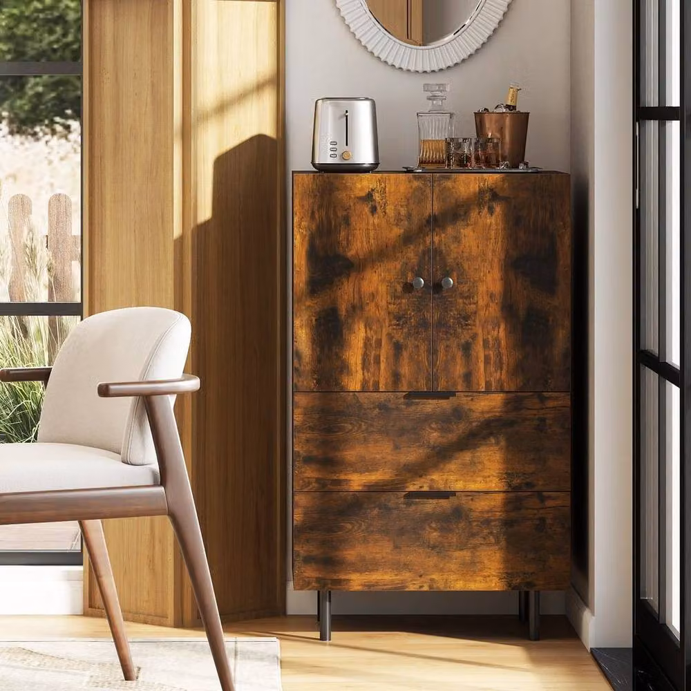 EONLION Industrial Brown Wood and Metal 2-Door Sideboard Buffet Cabinet, Width: 100 cm – 4