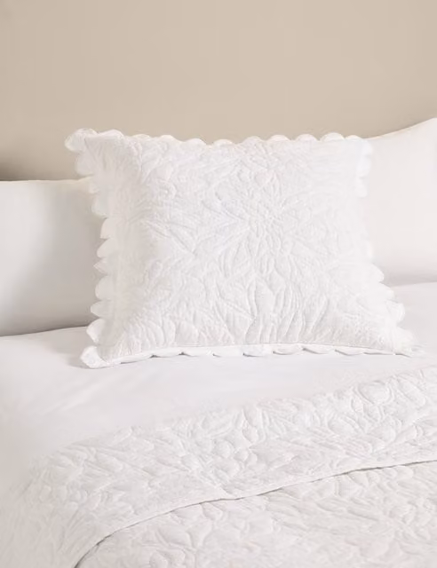 M&S White Pure Cotton Floral Square Decorative Cushion with Removable Cover
