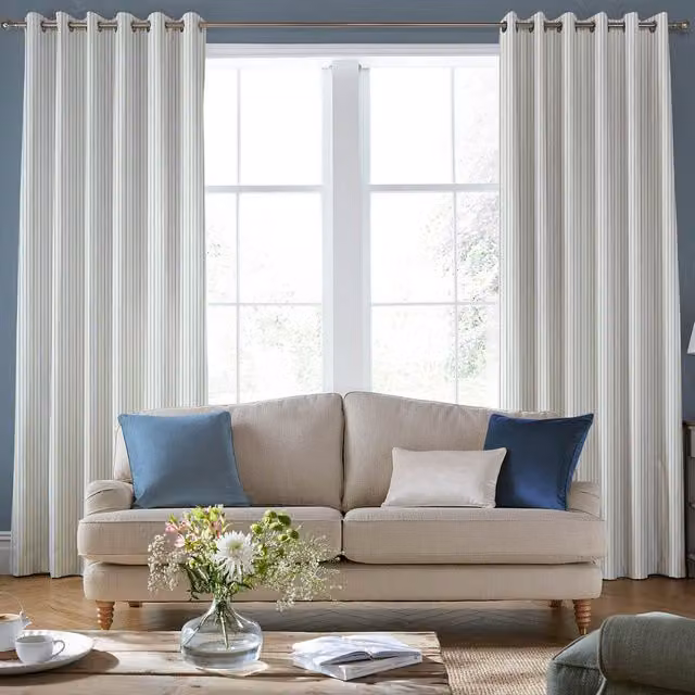Laura Ashley Candy Stripe Made to Measure Blackout Eyelet Curtain Panel in Newport Blue