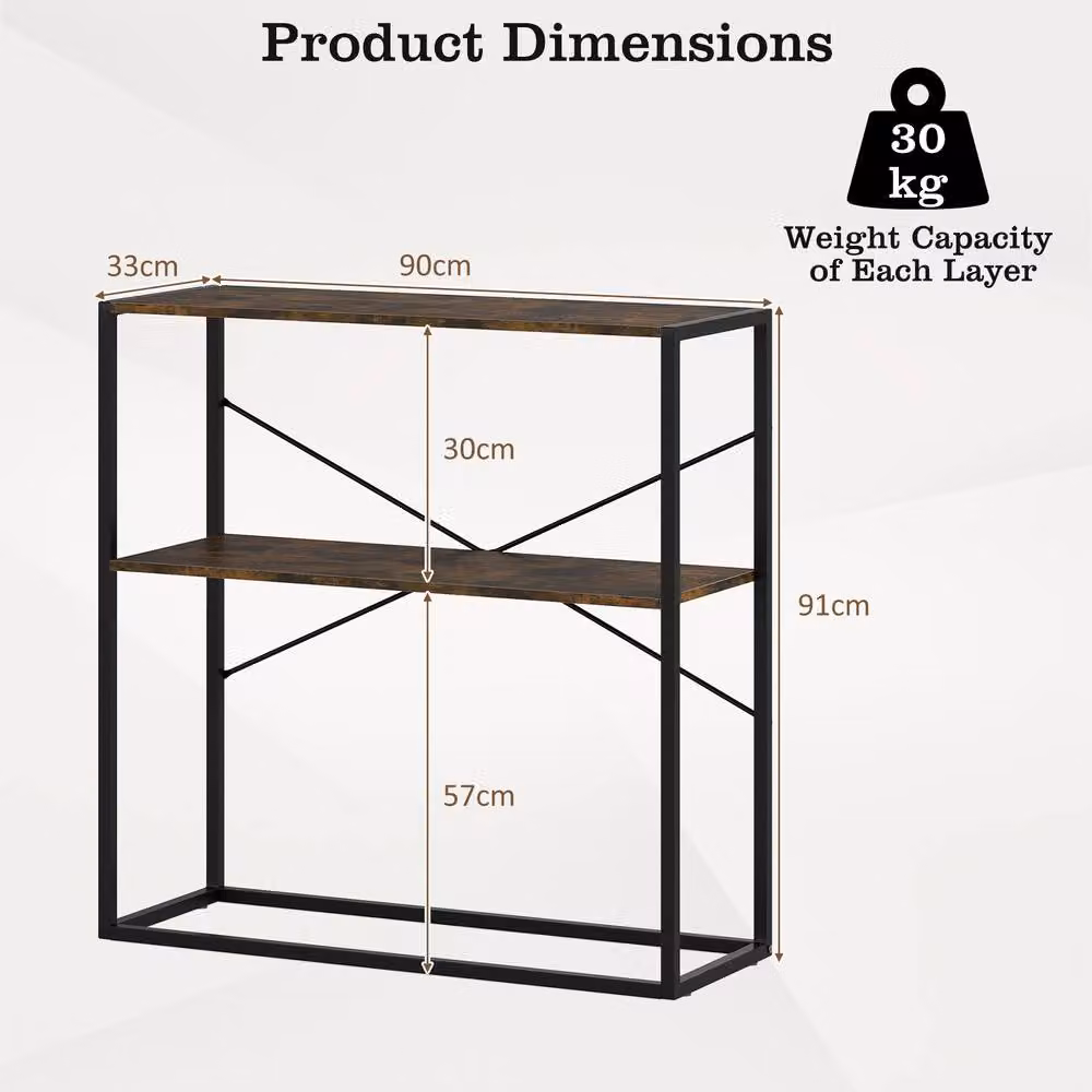 Gymax 2-Tier Industrial Console Table with Wooden Shelves and Metal Frame, Brown – 2