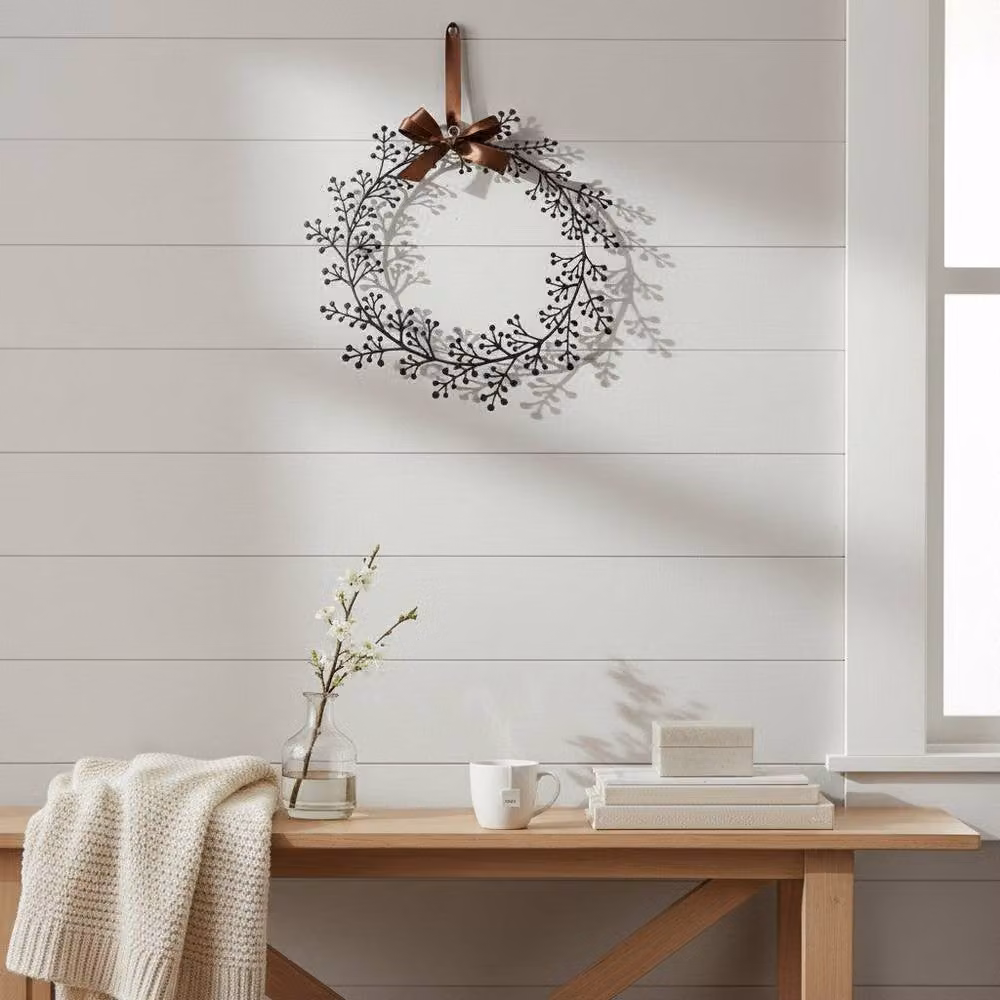 Four Candle Metal Hanging Wreath with Brown Ribbon Bow in Black and Gold – 2